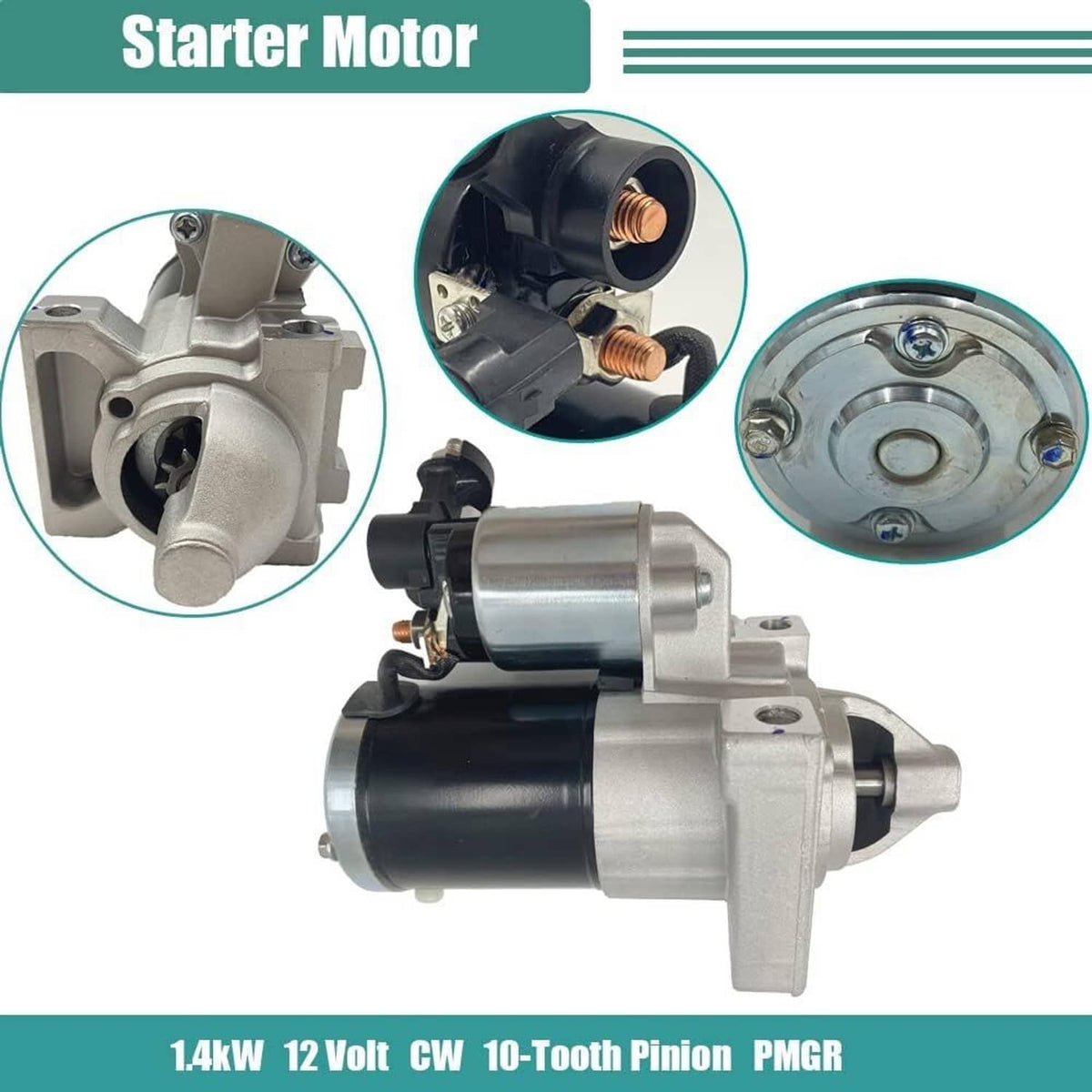 Starter motor with highlighted 10-tooth pinion and inset close-up views