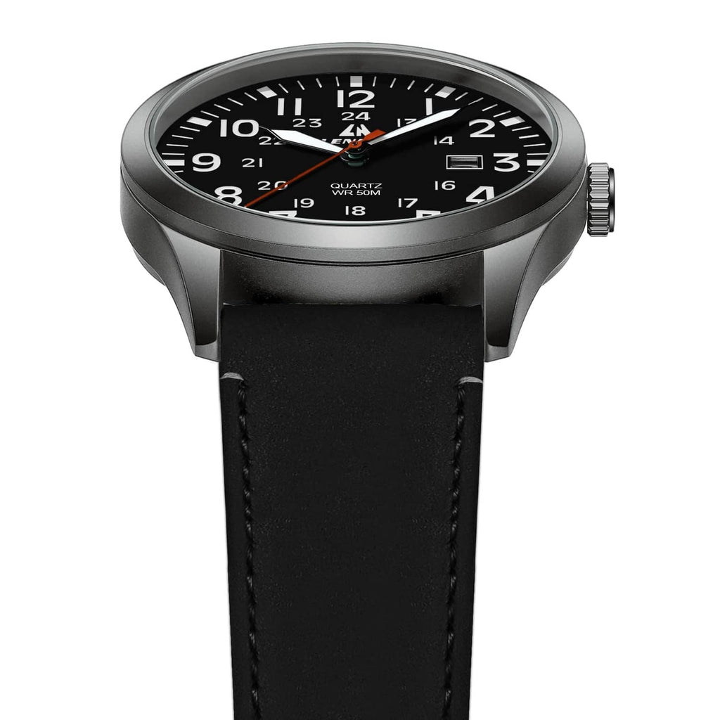 Mens analog watch front view with black dial, date window, and black leather strap
