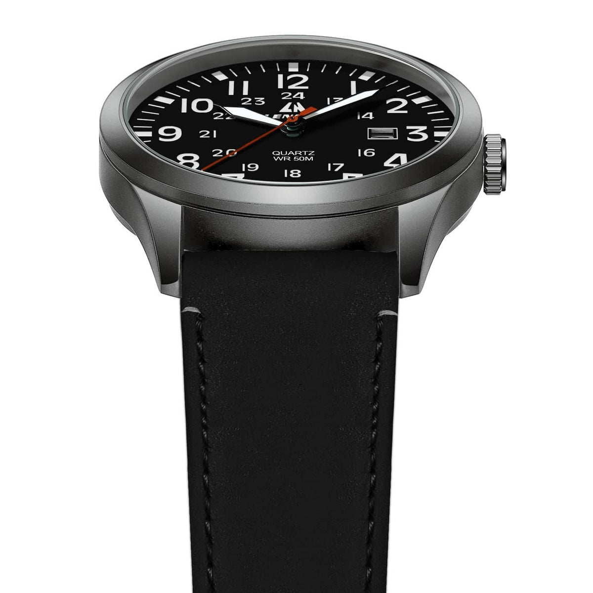 Mens analog watch front view with black dial, date window, and black leather strap