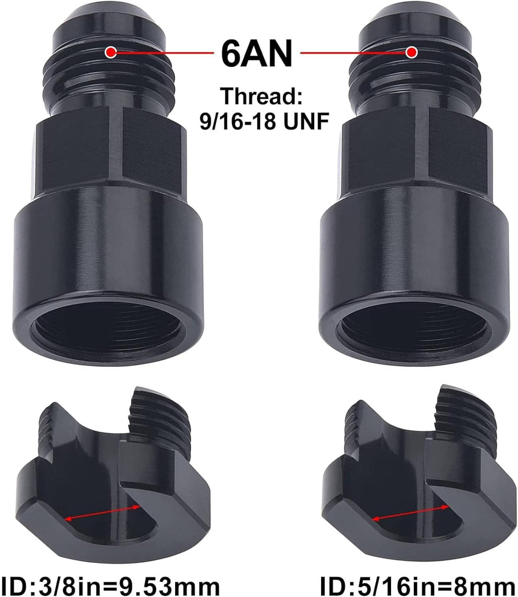 6AN fuel adapter fitting, 9/16-18 UNF female thread, black, pair
