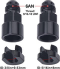 6AN fuel adapter fitting, 9/16-18 UNF female thread, black, pair