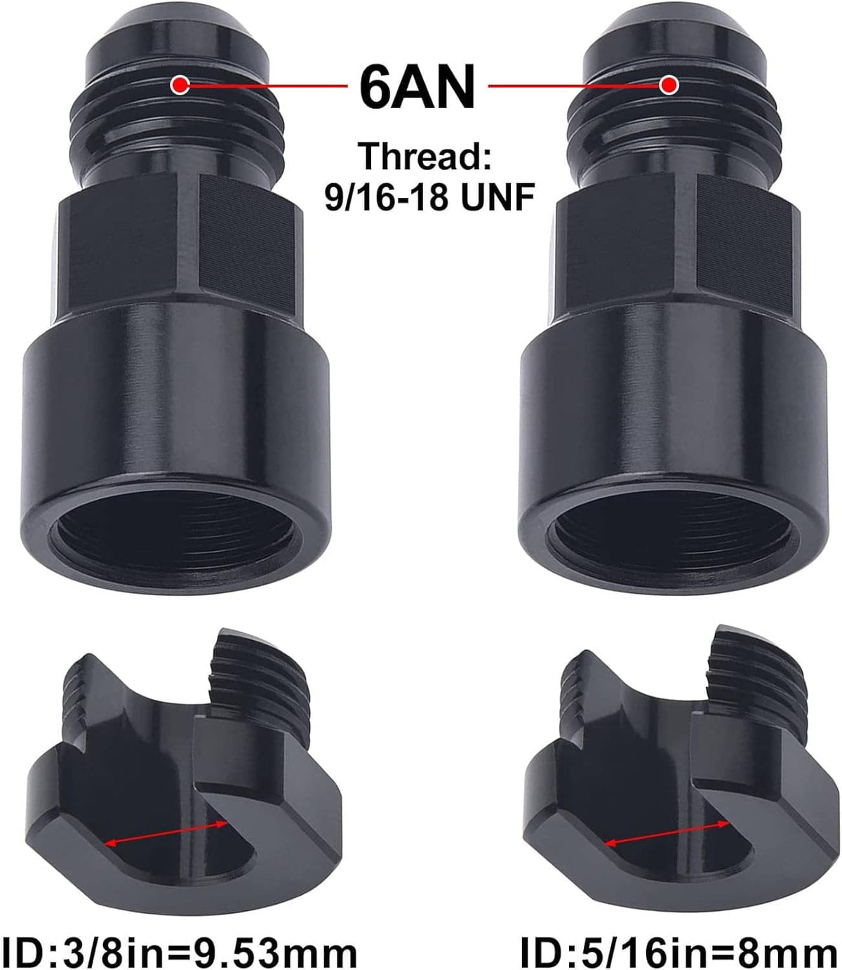 6AN fuel adapter fitting, 9/16-18 UNF female thread, black, pair