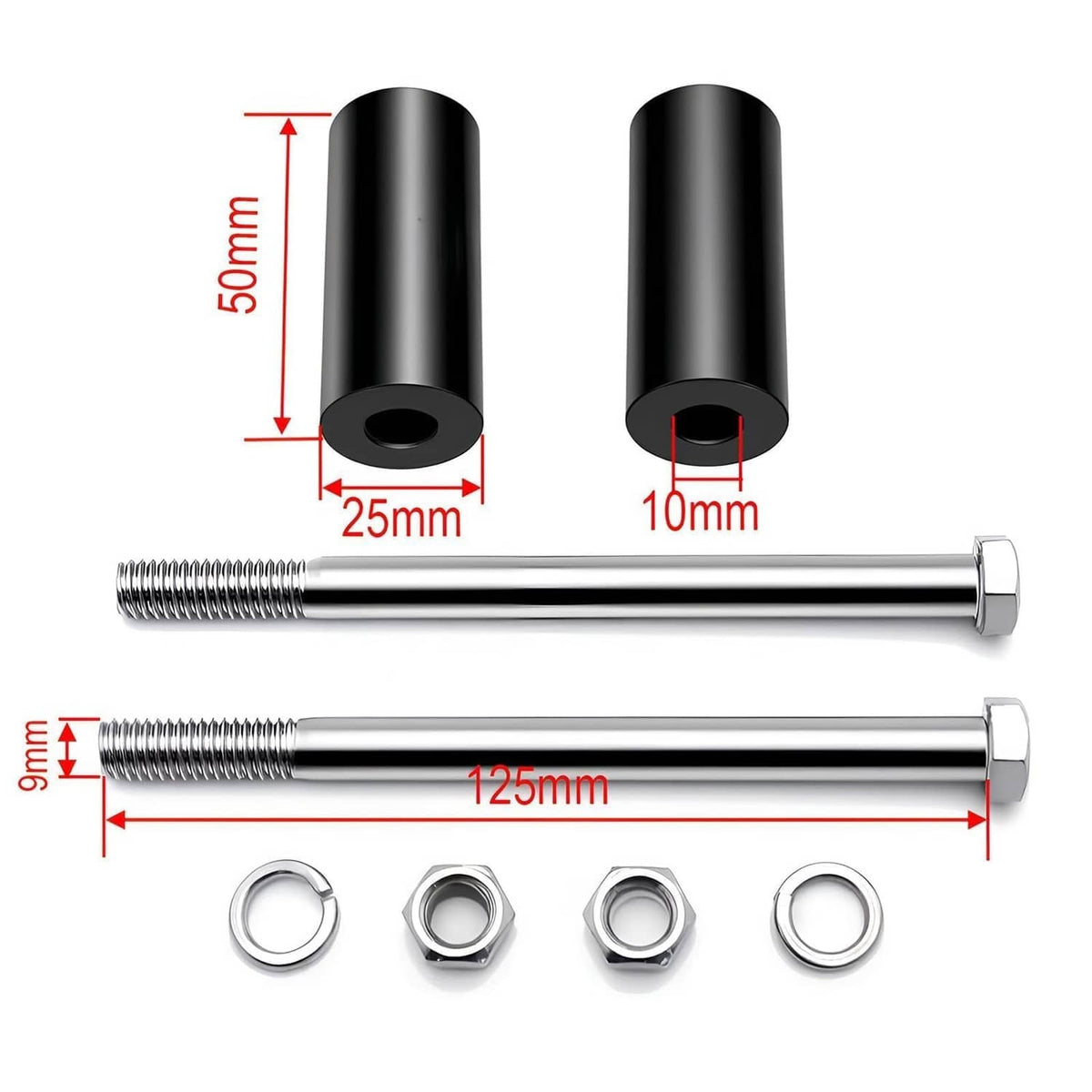 Handlebar riser extension kit dimensions shown: 50mm, 25mm, 10mm, 9mm, 125mm.