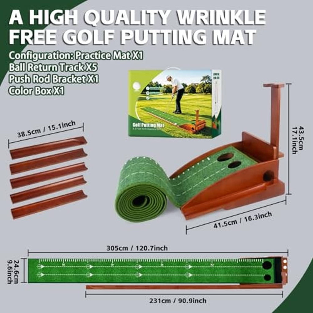Indoor putting green mat with auto ball return track, holes, and included rail pieces