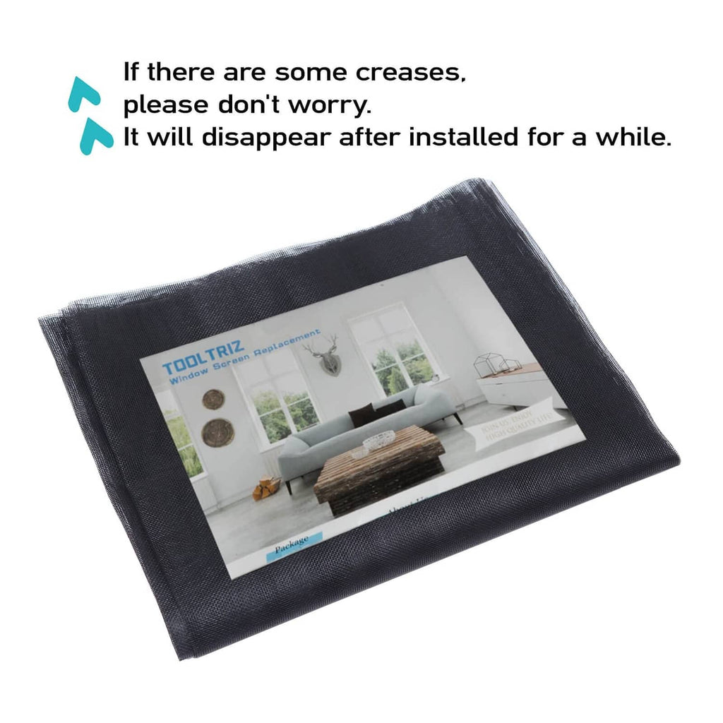 Charcoal black window screen replacement panel, folded packaging with TOLTRIZ label
