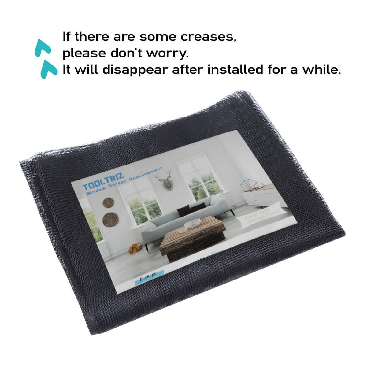 Charcoal black window screen replacement panel, folded packaging with TOLTRIZ label