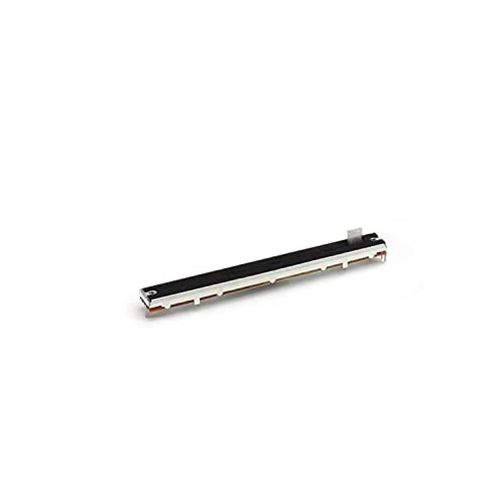 Compact slide potentiometer fader with black cover, white body, and contact pads