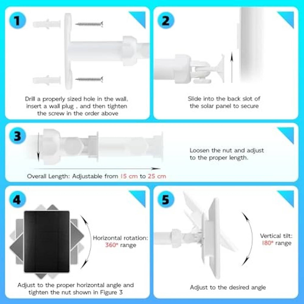 Solar panel mounting instructions diagram with screws, brackets, and adjustable stand