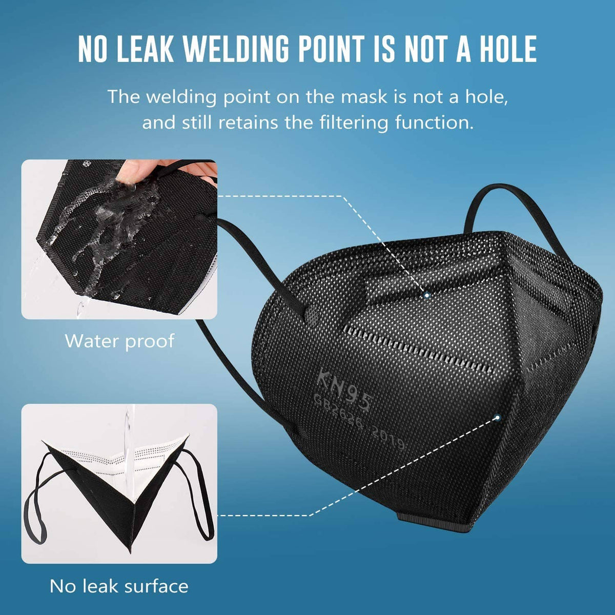 WWDOLL KN95 face mask, black pleated shape with front seam and vented texture
