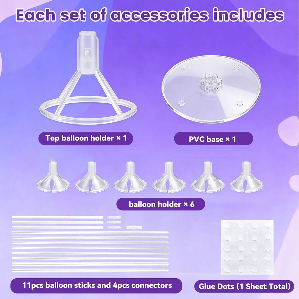 Balloon stand kit parts: clear top holders, PVC base, balloon sticks, connectors, glue dots