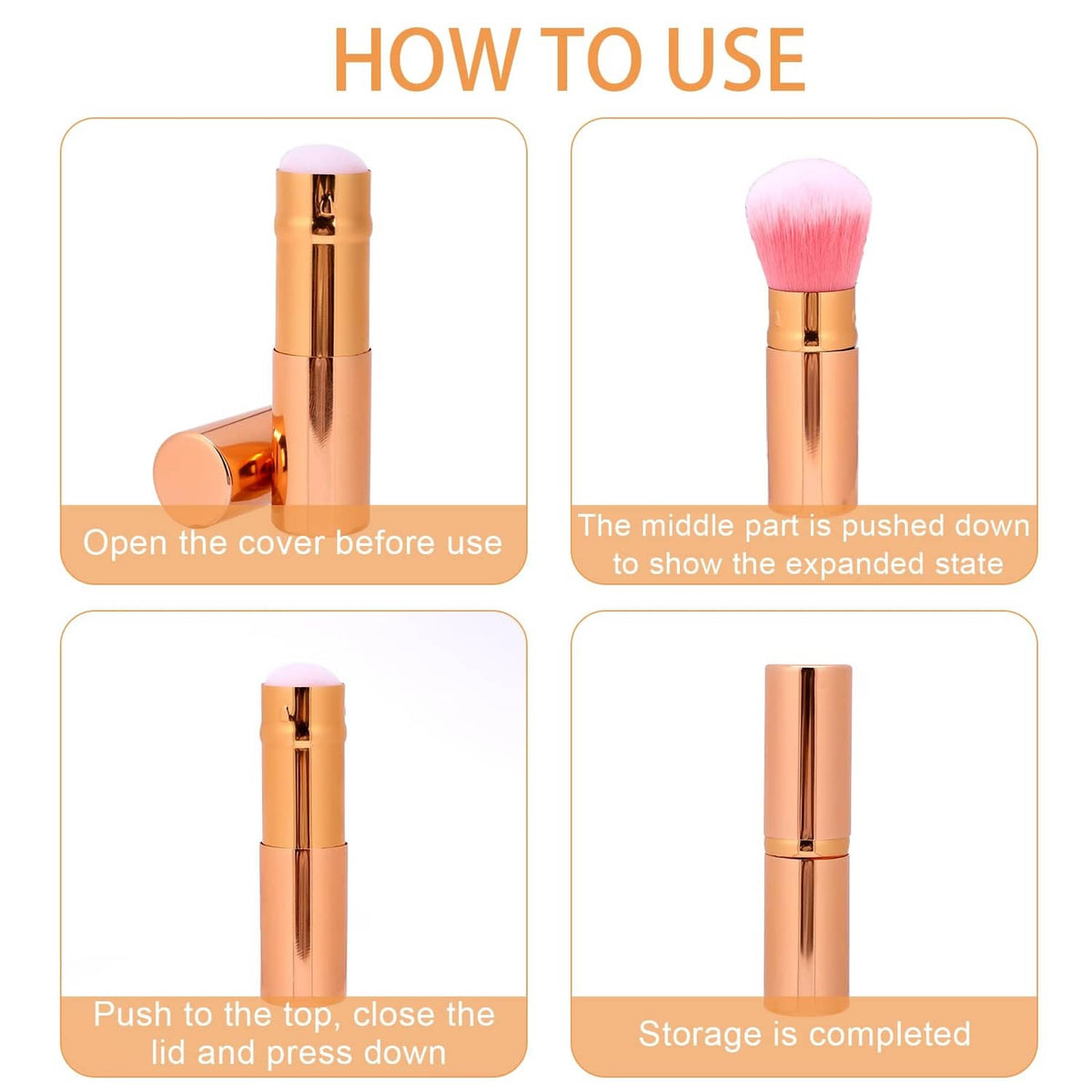 Retractable brush with cover shown open and closed, champagne-gold tube body