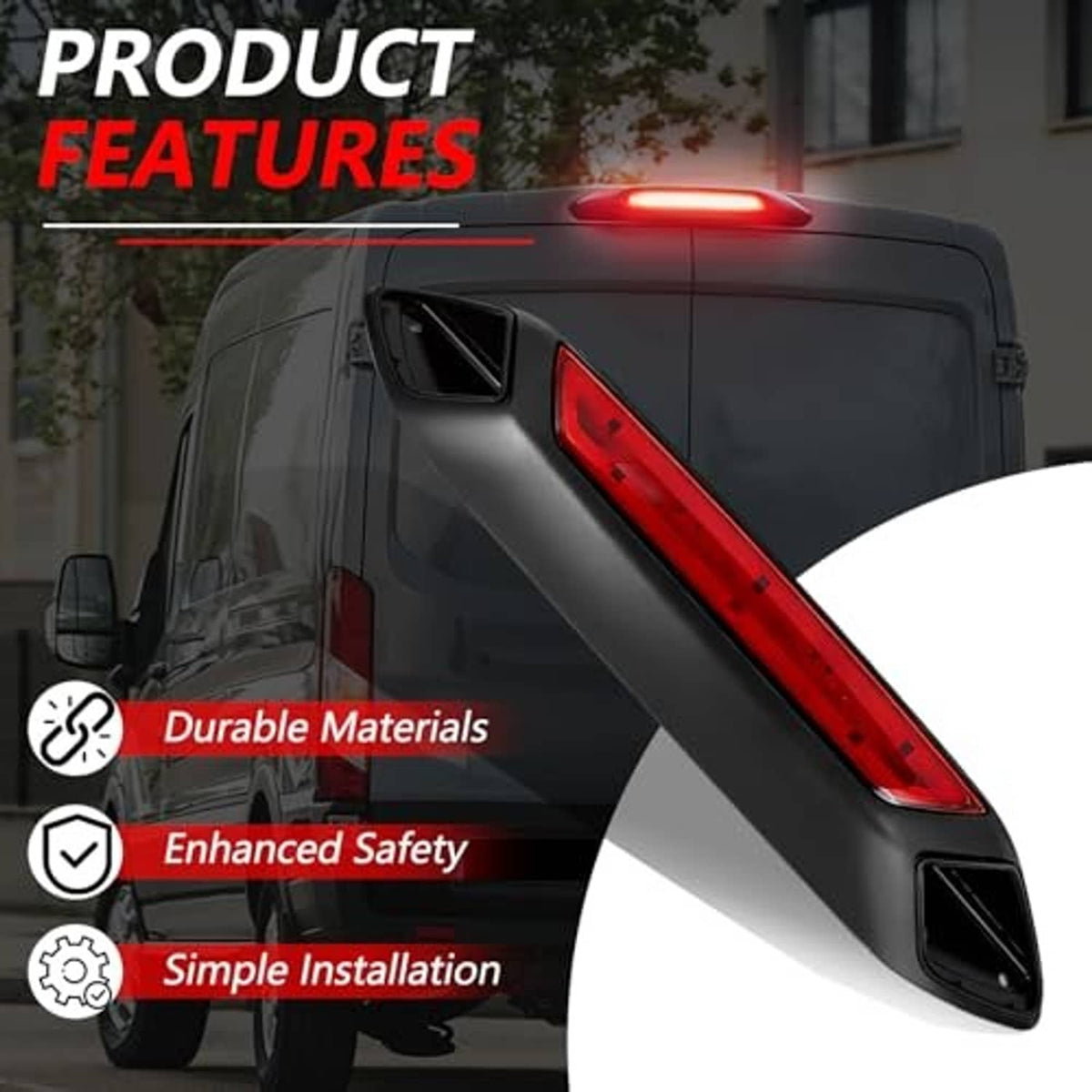 Third brake light assembly with red LED strip on black housing, angled close-up