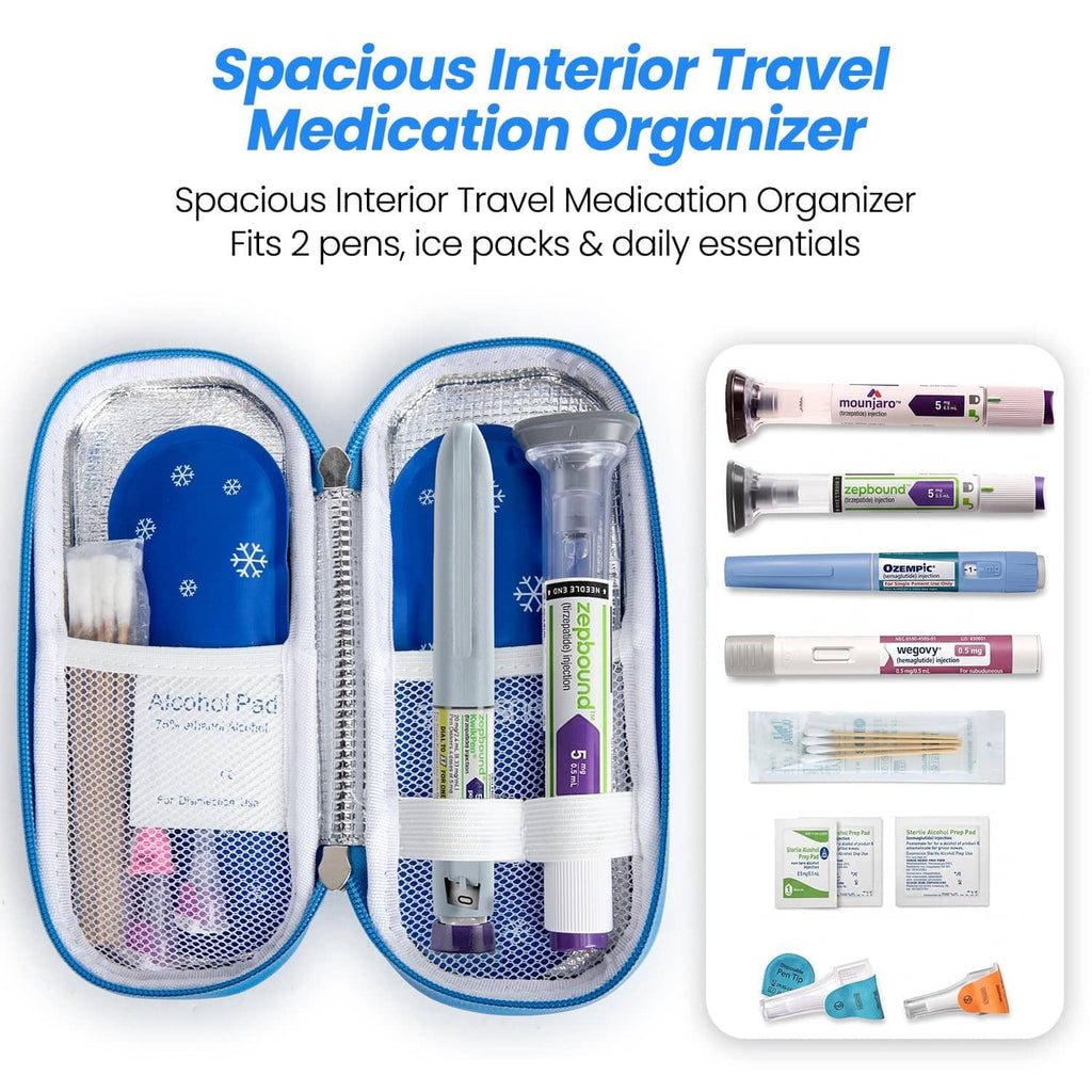 Blue open travel organizer for two pens with ice pack pockets and included accessory sachets