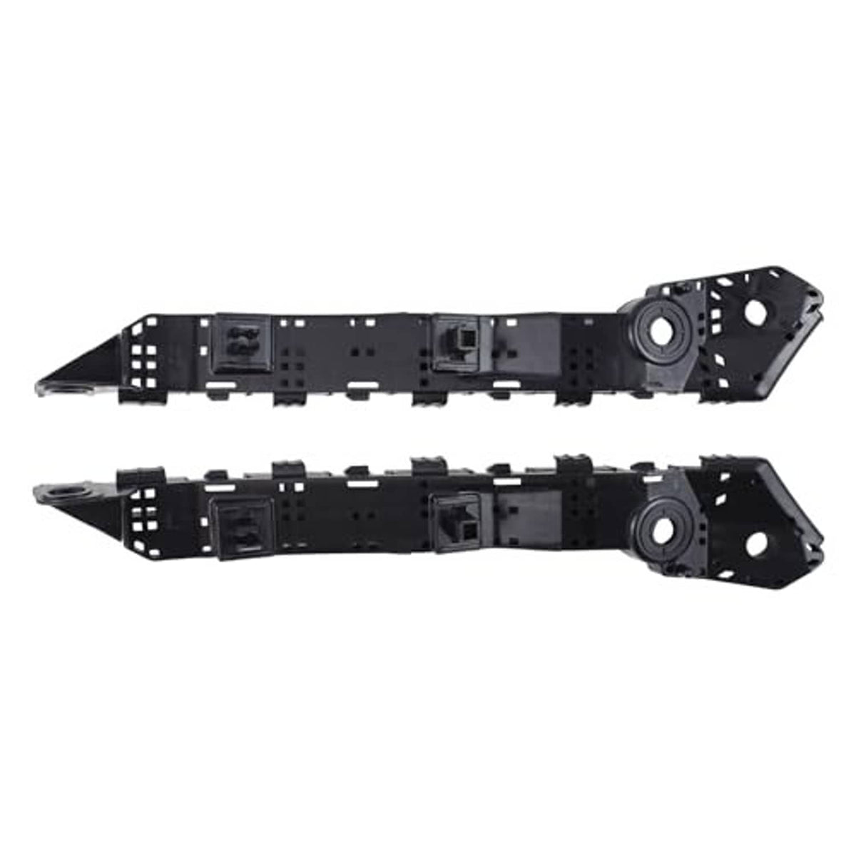 Black front bumper fender bracket support mounts with long rails and round hole bases