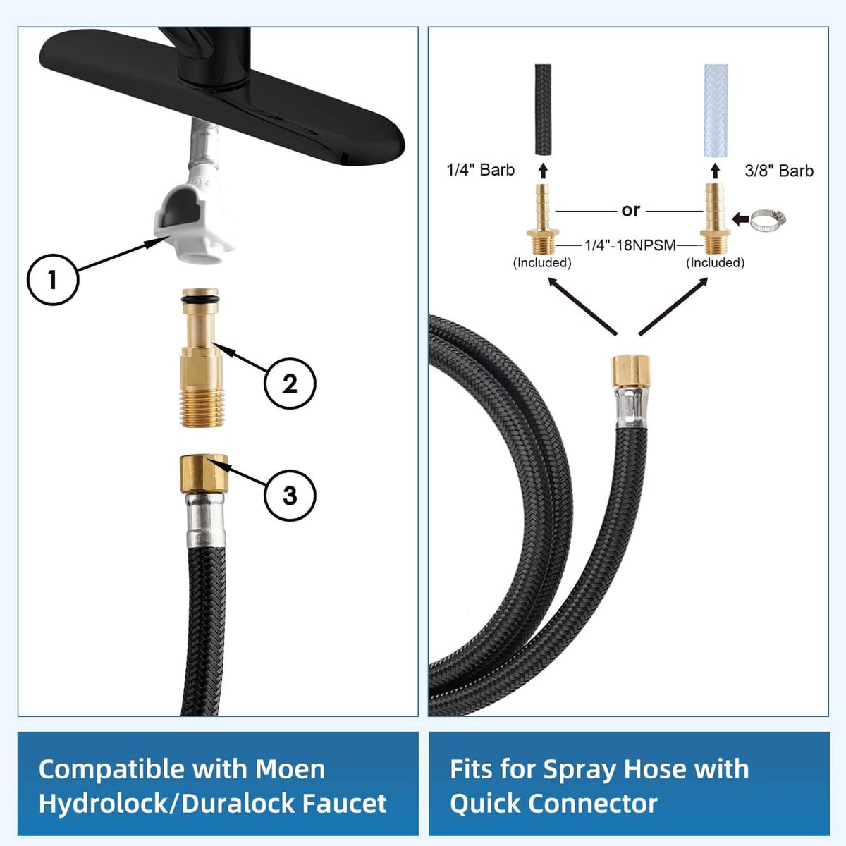 Kitchen sink side sprayer kit with black spray head, braided hose, and adapters