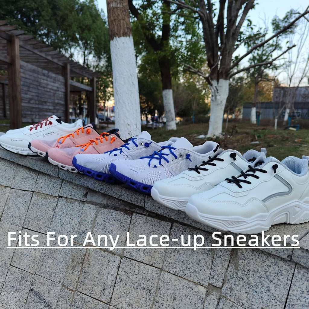 Elastic laces on lace-up sneakers in multiple colors on outdoor steps