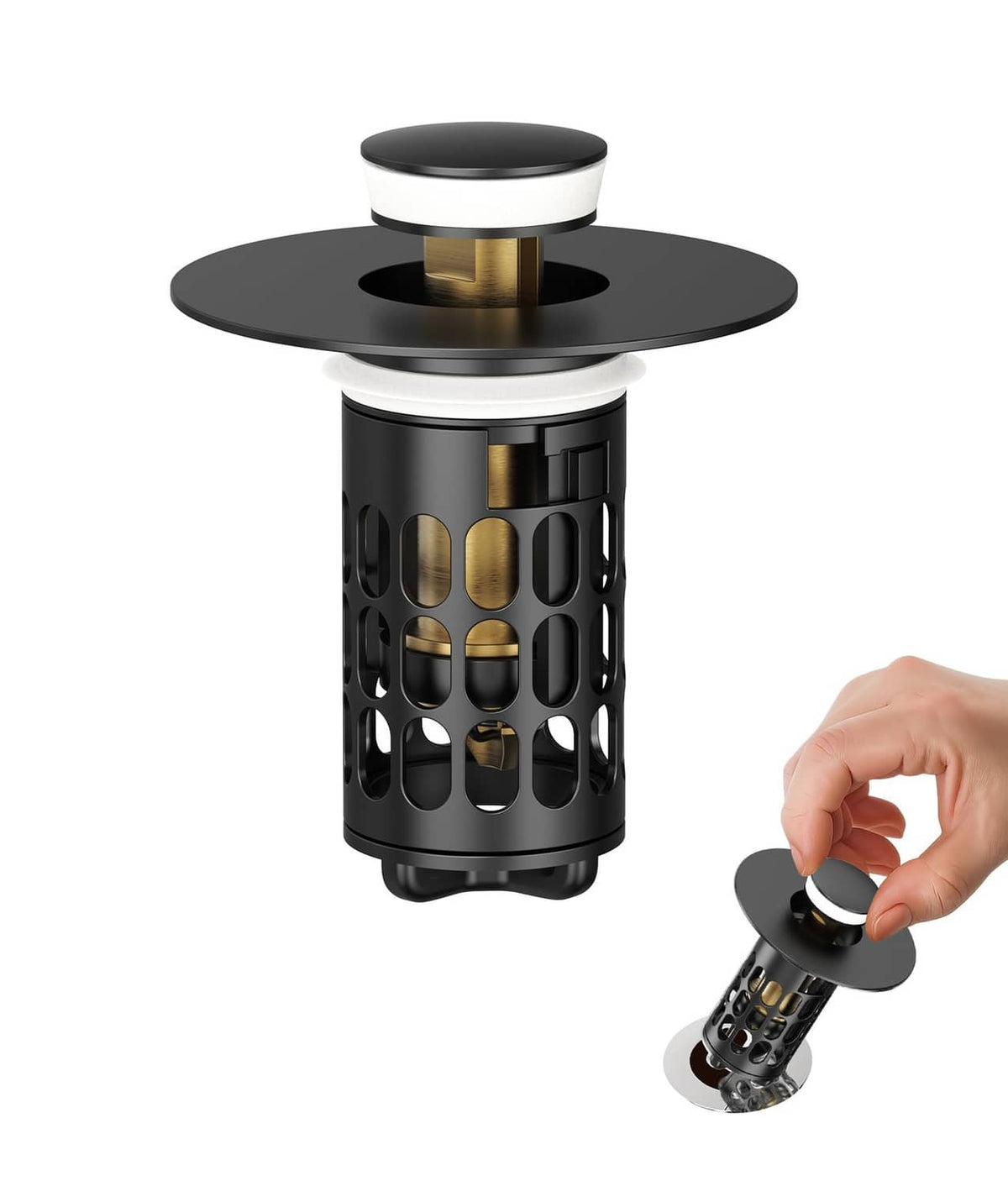 Black bathroom sink stopper with hair-catcher strainer and brass center stem