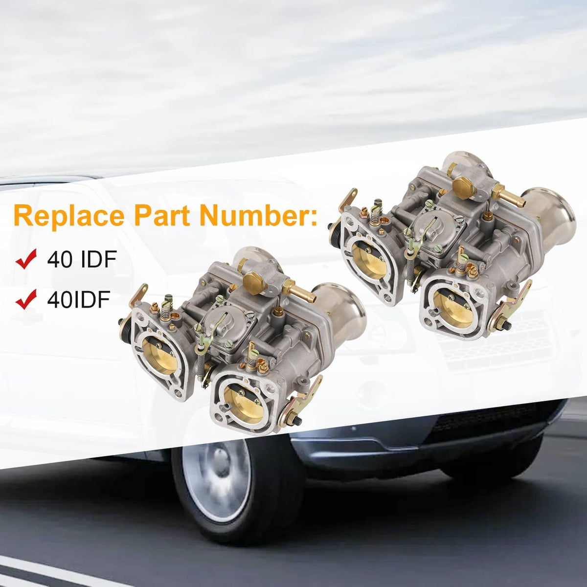 Two dual-barrel carburetors angled view with brass fittings and four mounting screws