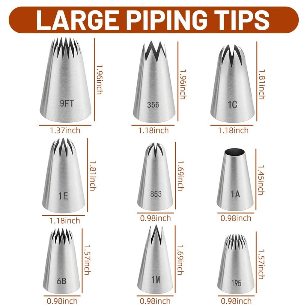 Large stainless steel piping tips with size measurements for nine conical nozzle shapes