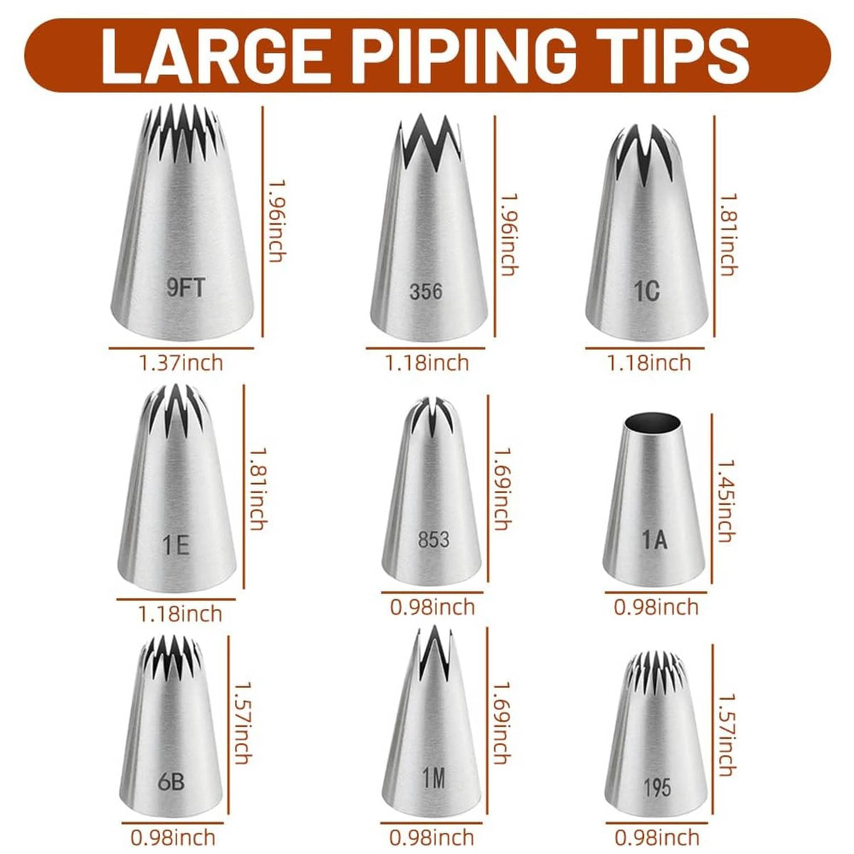 Large stainless steel piping tips with size measurements for nine conical nozzle shapes