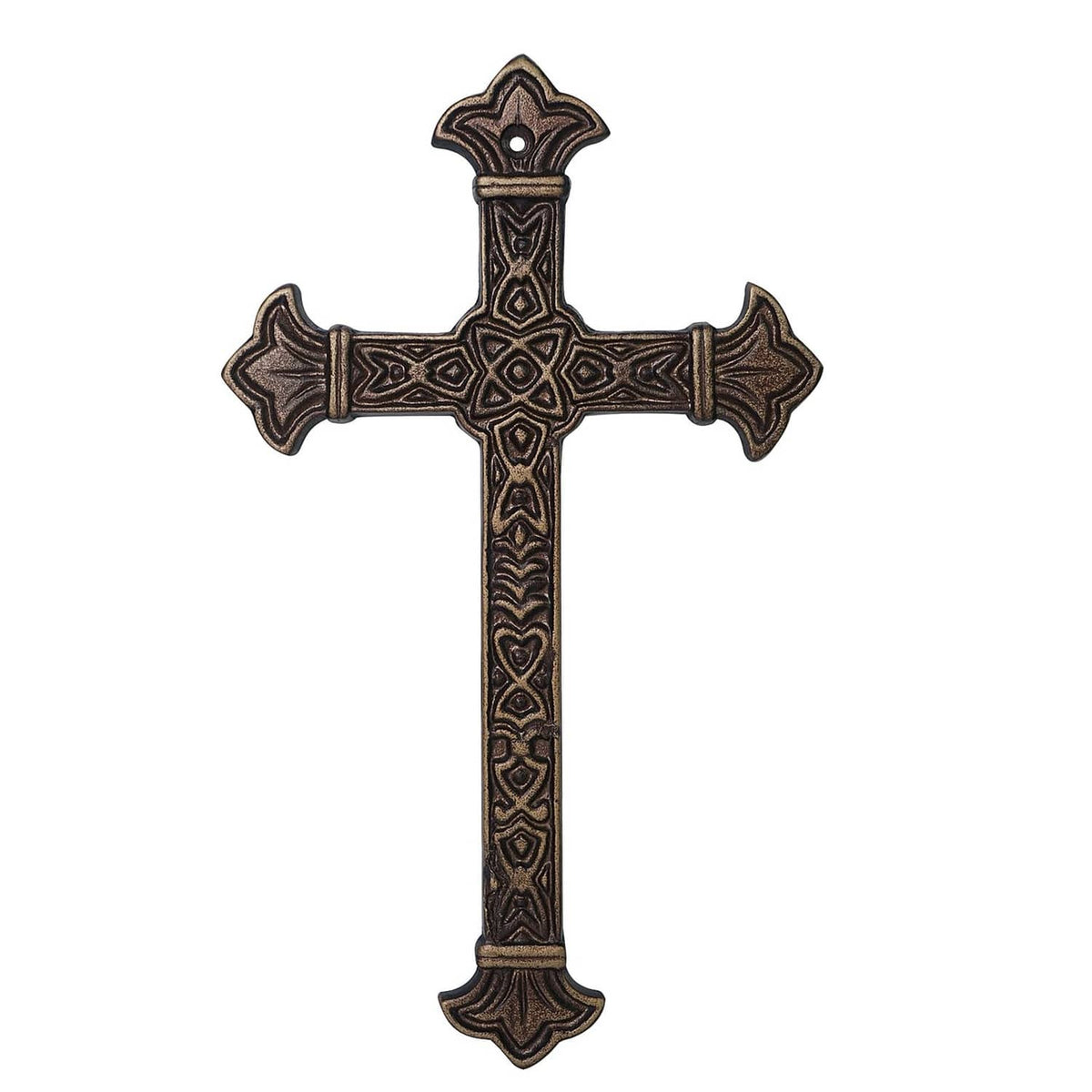 Antique metal Christian wall cross with ornate diamond and heart-shaped detailing