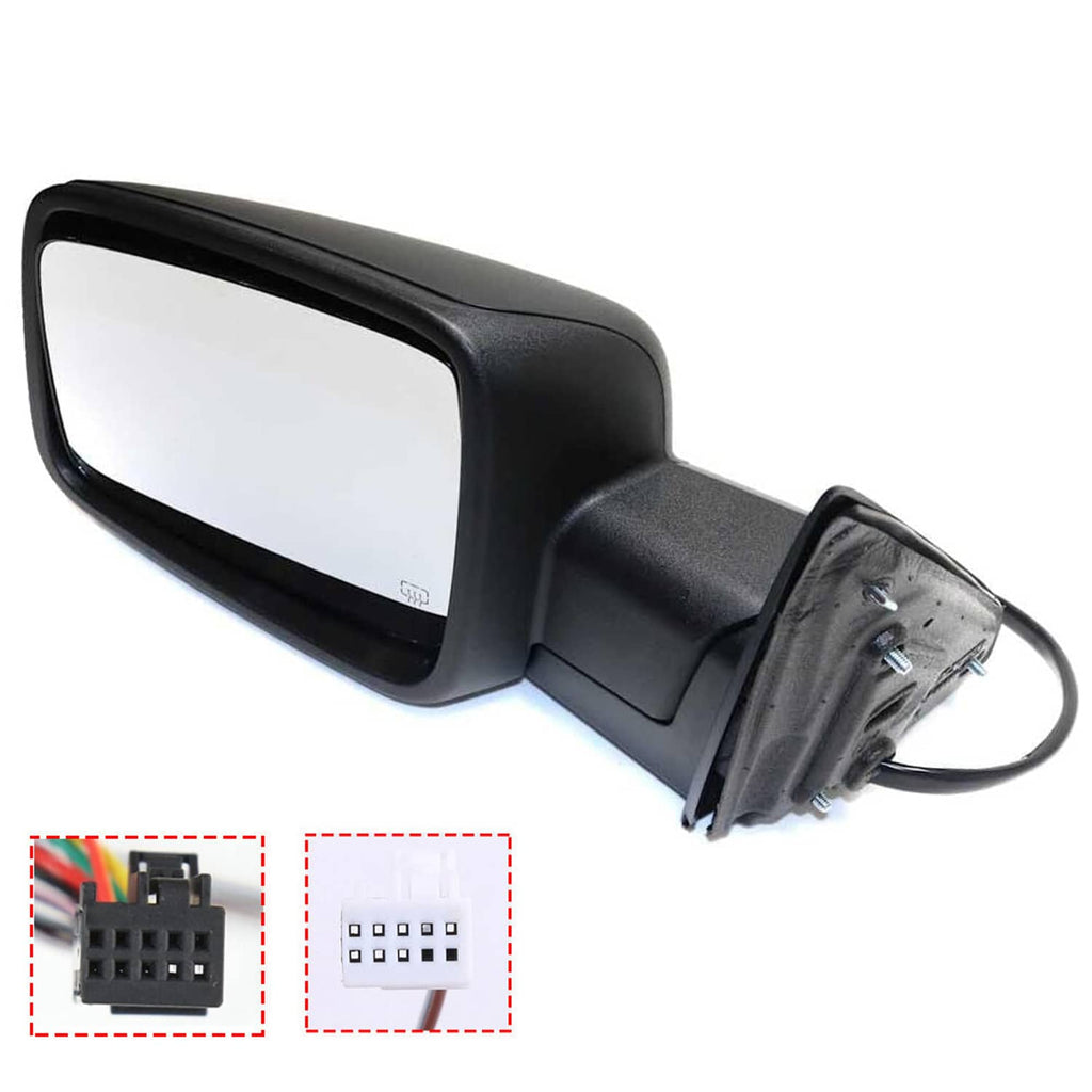Left heated power-fold side mirror showing plug connectors and black housing