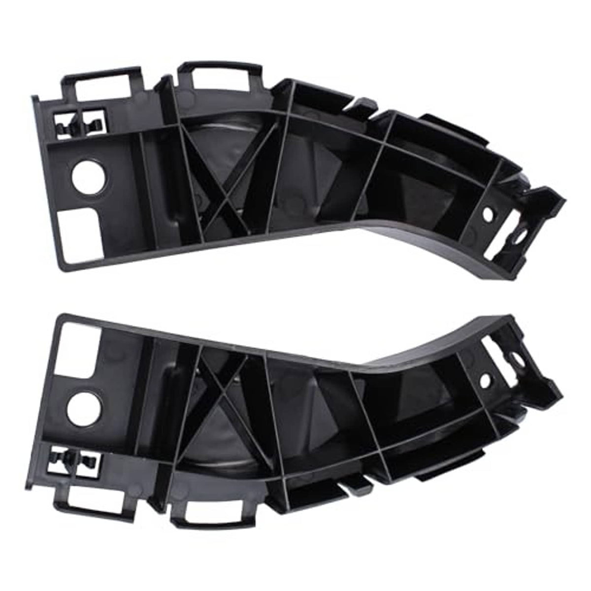 Pair of black bumper support rails with open internal ribs and mounting bracket holes