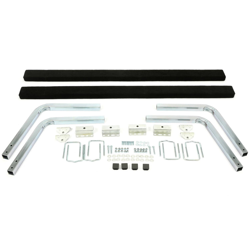 Boat trailer guide kit with two black pads, silver rails, brackets, and mounting hardware