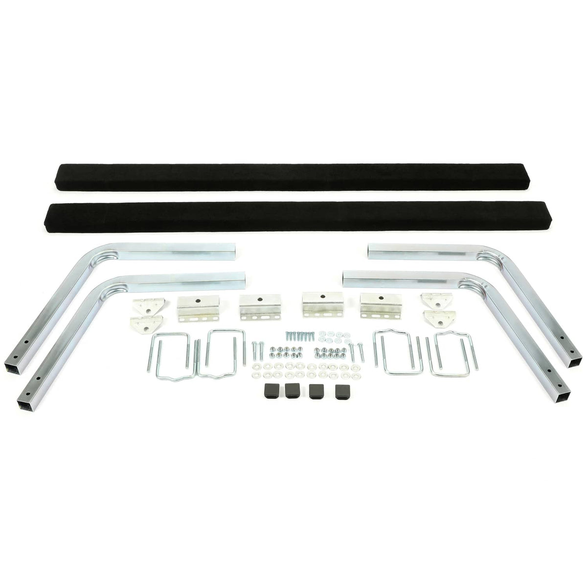 Boat trailer guide kit with two black pads, silver rails, brackets, and mounting hardware