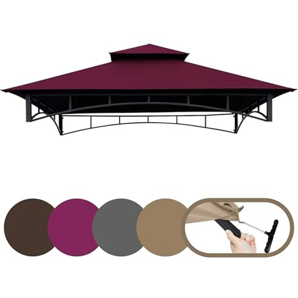 Burgundy double-roof BBQ gazebo canopy top with black metal frame, front view