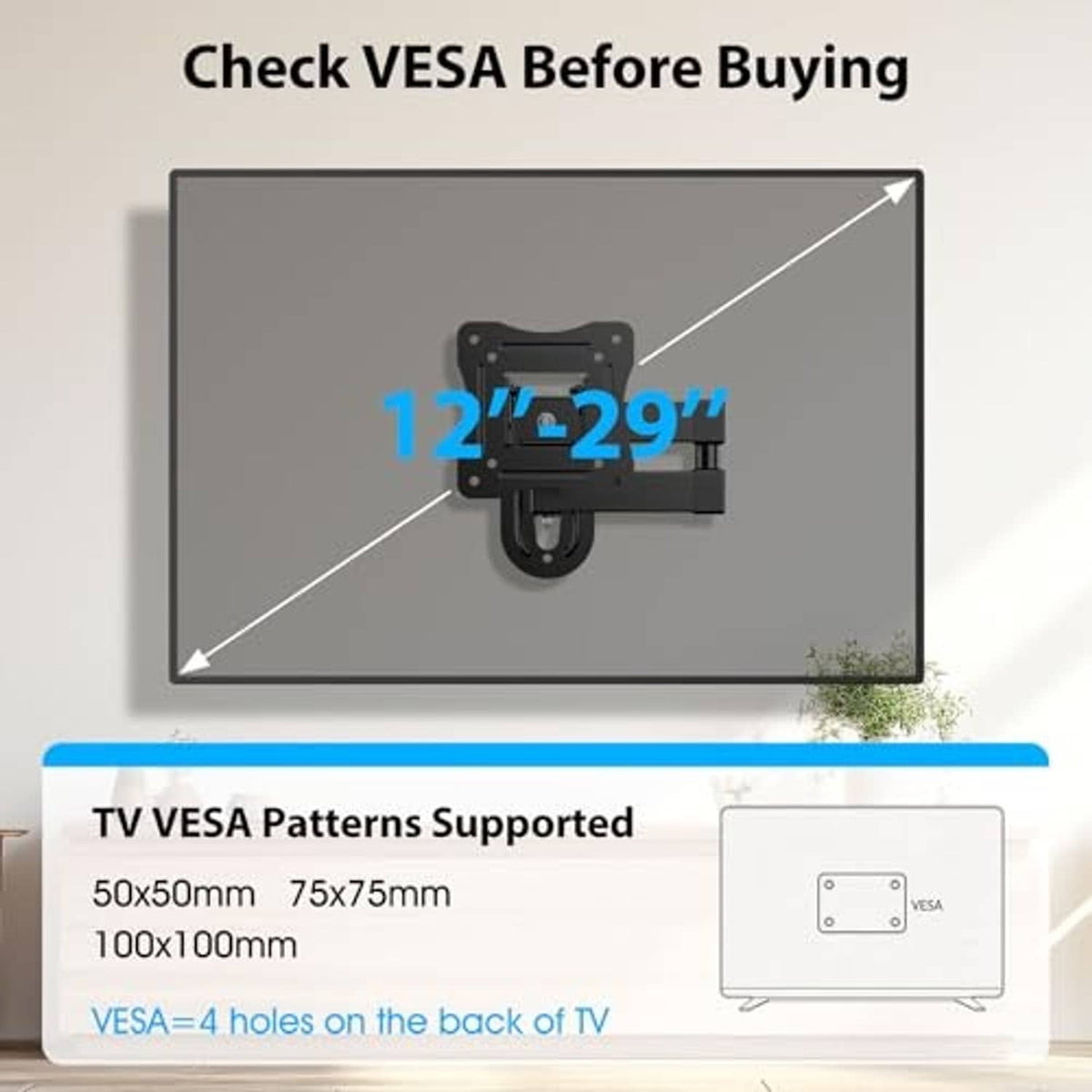 Full motion TV wall mount diagram with VESA back plate and mounting arms, black
