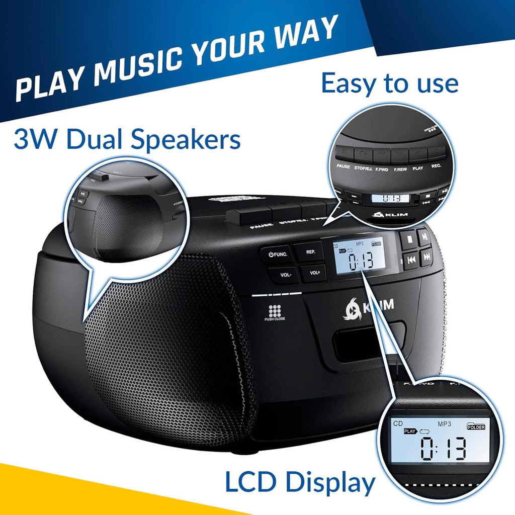 Black CD cassette player boombox with dual speakers and LCD display.
