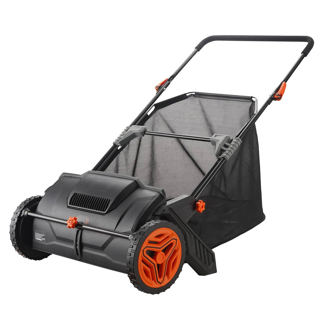 Lawn leaf sweeper with orange brush wheel housing and black mesh hopper bag