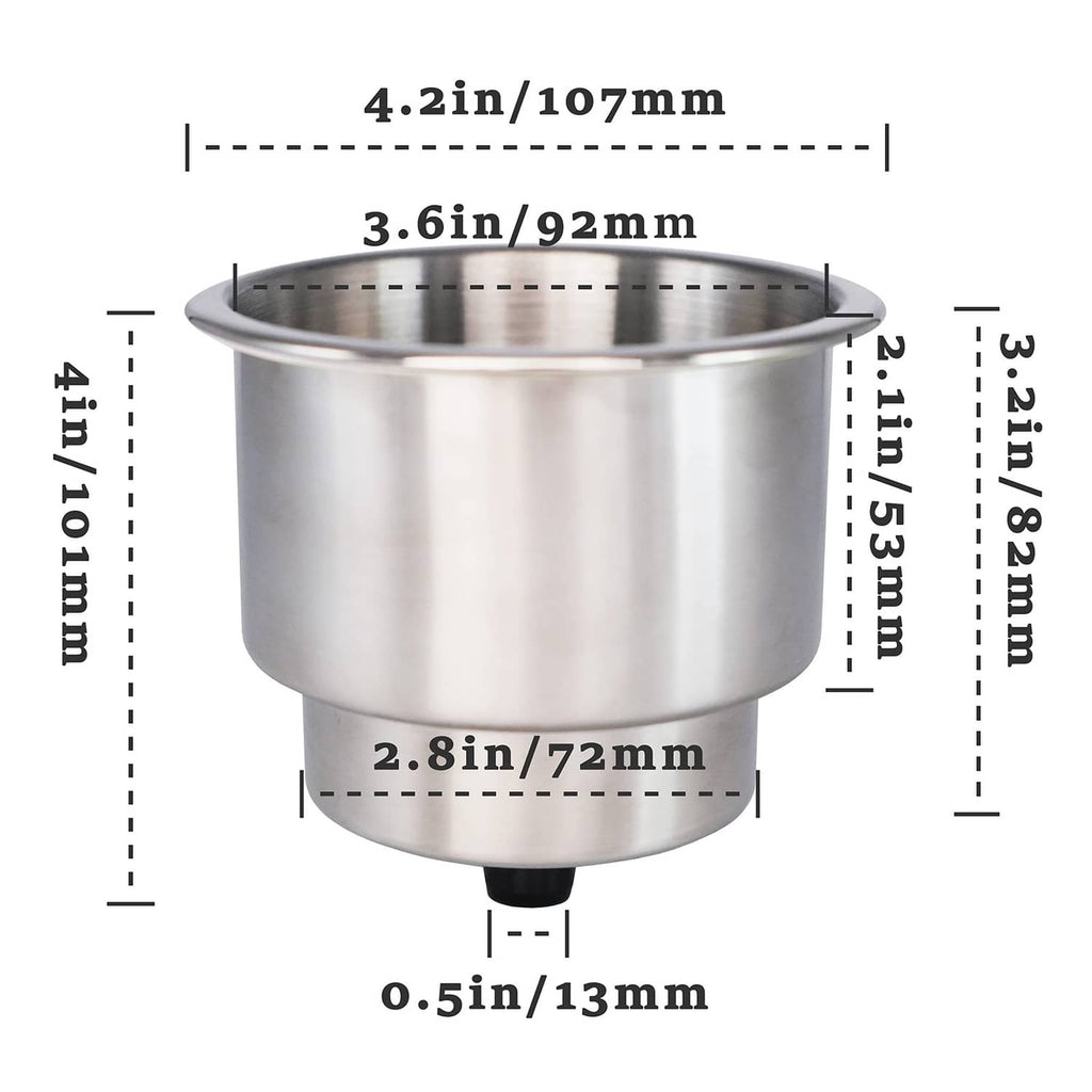 Stainless steel cup holder insert with black mounting stem and visible opening