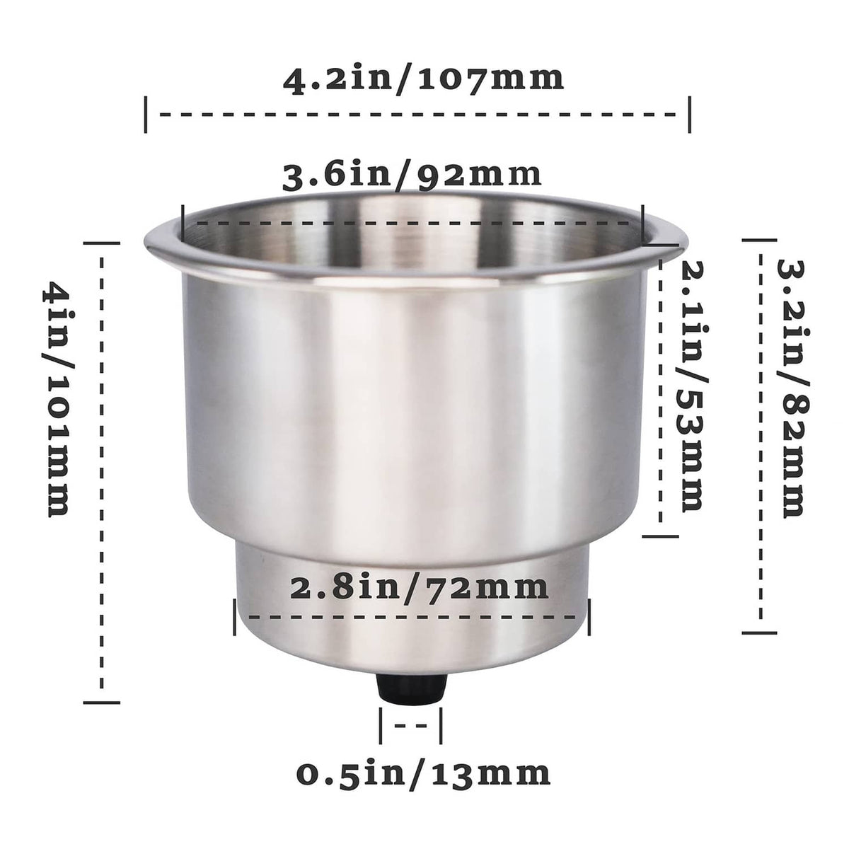 Stainless steel cup holder insert with black mounting stem and visible opening