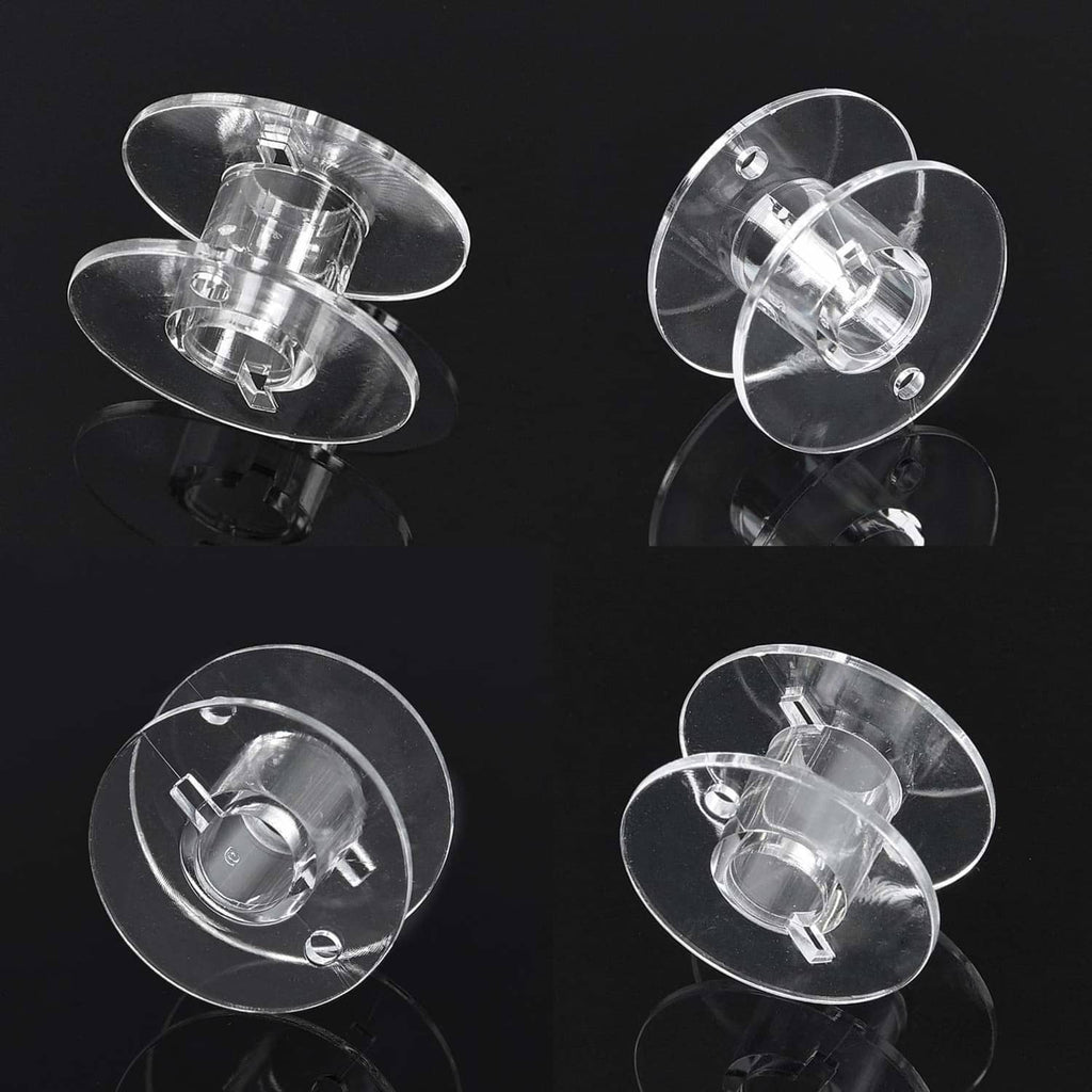 Transparent plastic bobbin spools, multiple views showing top and side