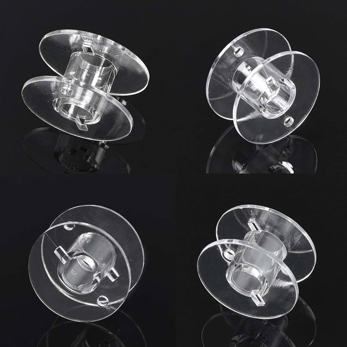 Transparent plastic bobbin spools, multiple views showing top and side