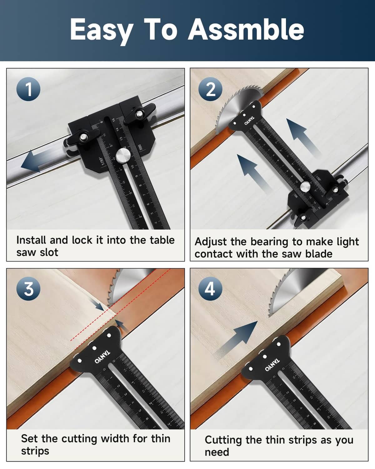 Black table saw thin rip jig guide with adjustable screws for cutting width