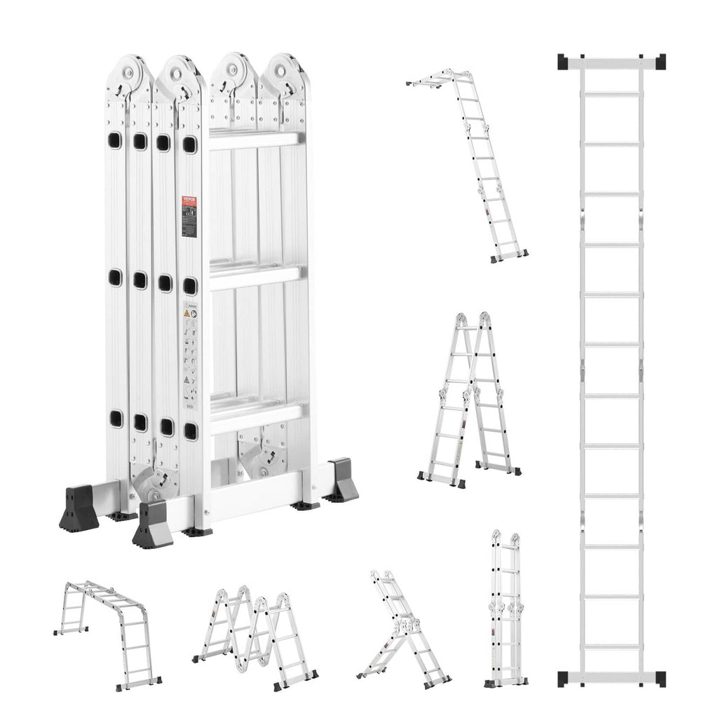 Multi-position folding ladder with side rails, steps, and stabilizer feet in white