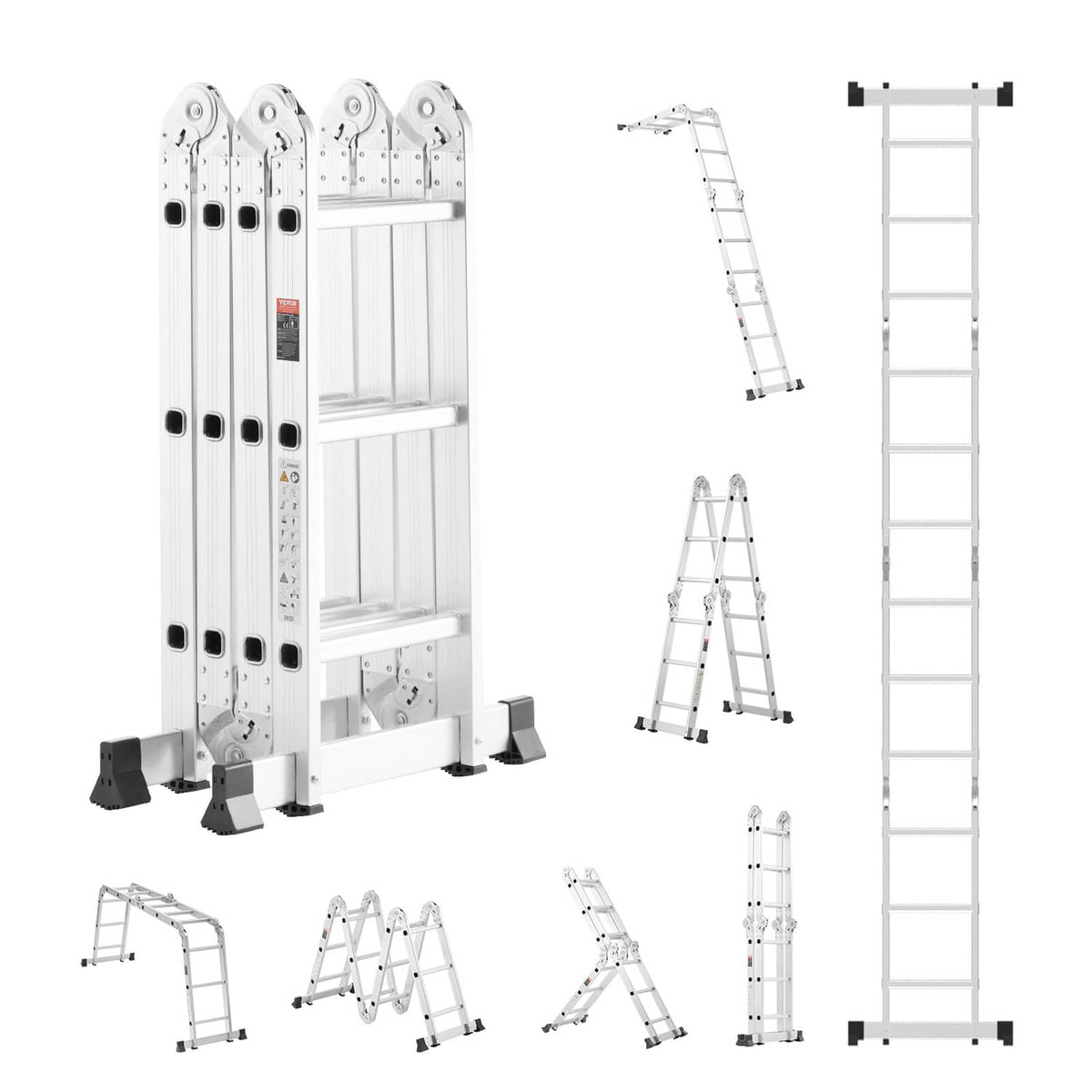 Multi-position folding ladder with side rails, steps, and stabilizer feet in white