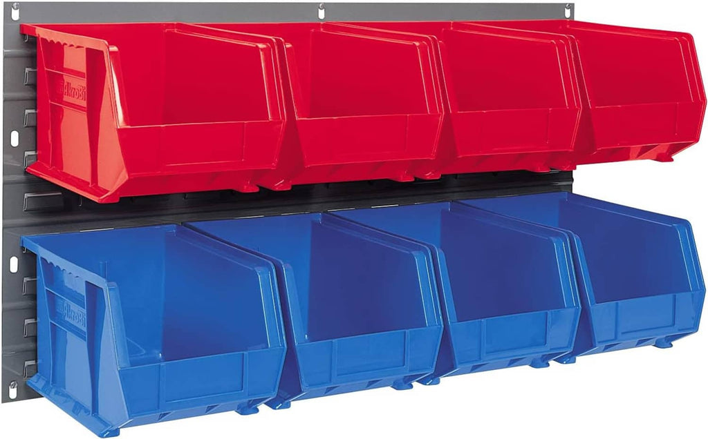 Gray louvered wall panel with red top and blue bottom storage bins