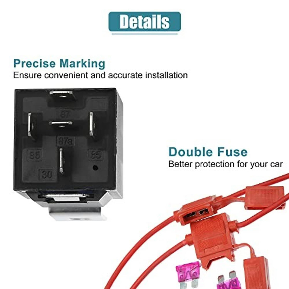 Fuse and relay details for wiring harness kit with red connectors and black module