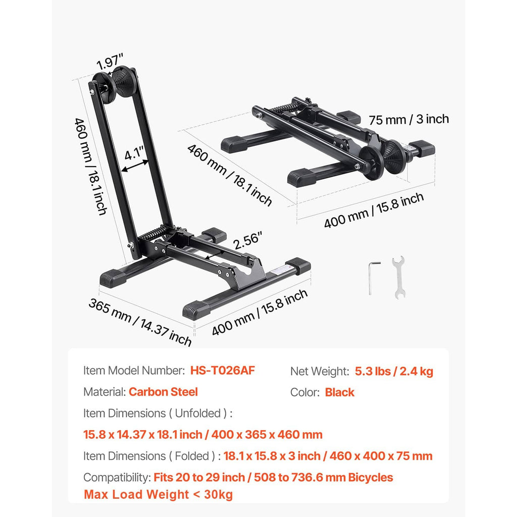 Black collapsible bicycle stand with measured dimensions and included wrench