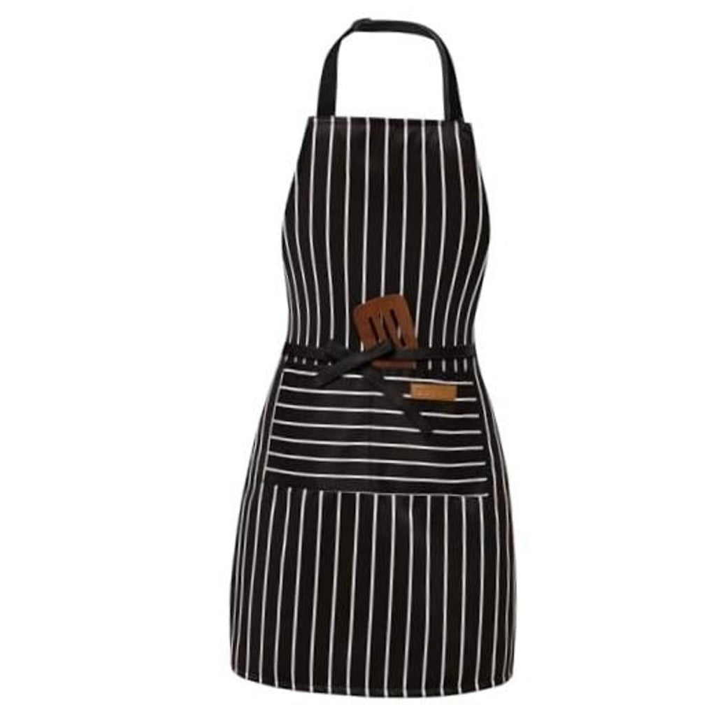 Black striped chef bib apron with adjustable neck strap and two front pockets