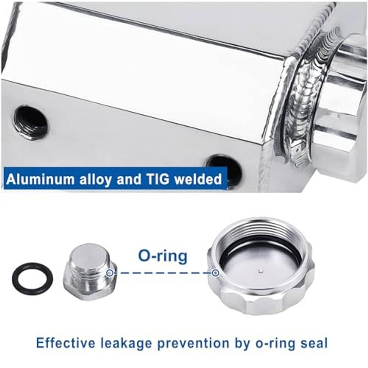 Silver coolant expansion tank with sealed cap, O-ring, and TIG-welded seam detail