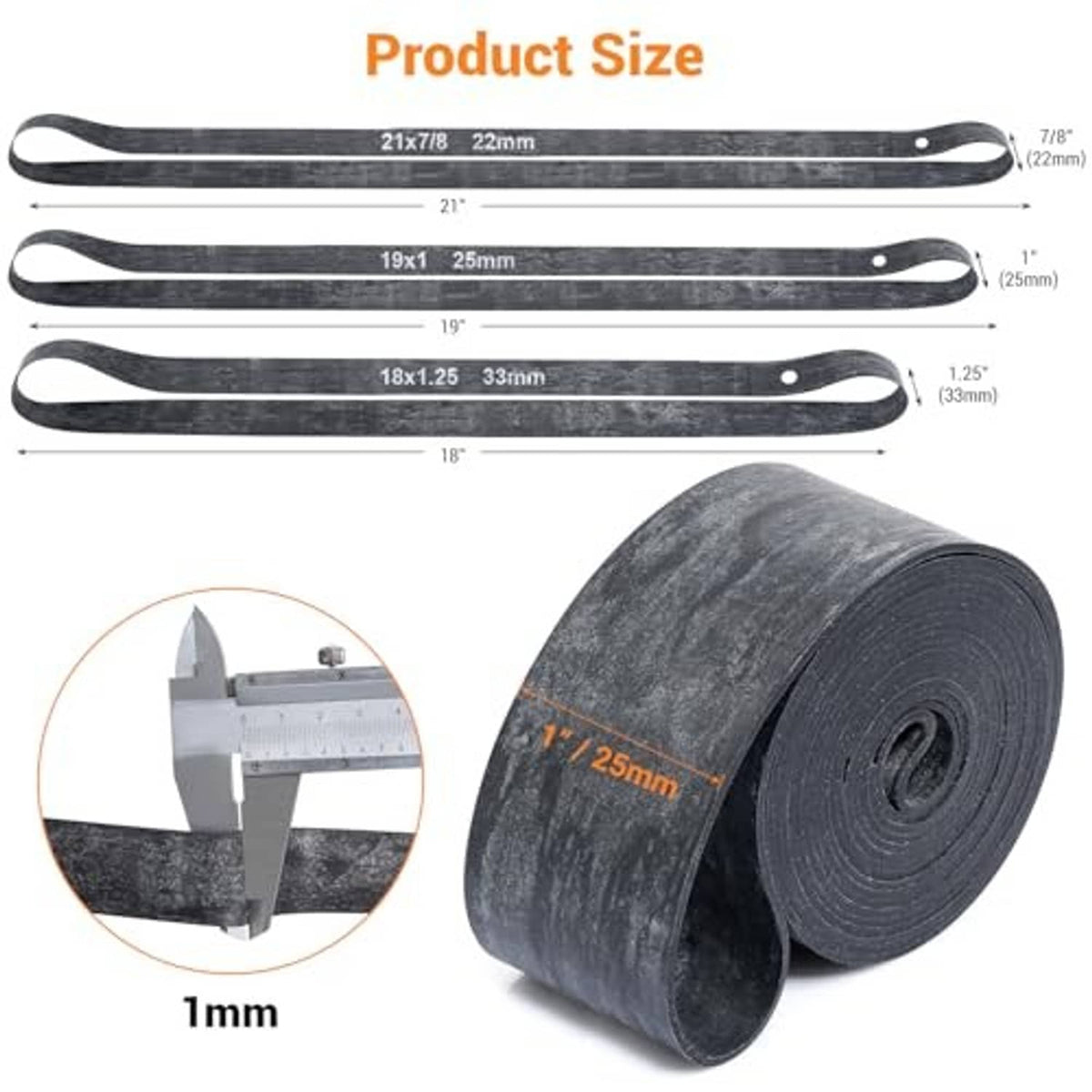 Rubber motorcycle rim tape, roll and strip with size marking 19x1 25mm and measuring tabs