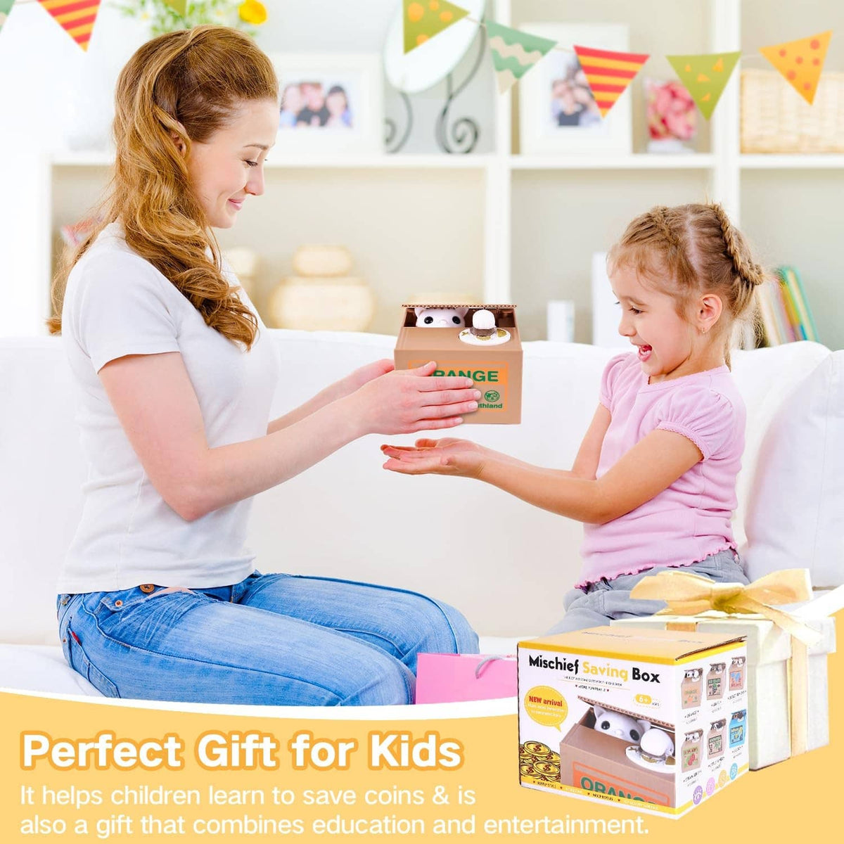 Orange cat piggy bank coin box held by a child, with white kitten head and coin plate.