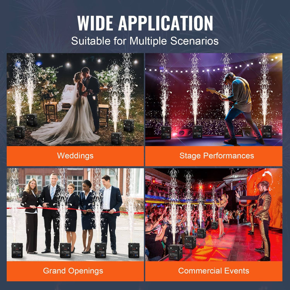 Four-pack cold spark firework machines with control panels for stage use scenarios