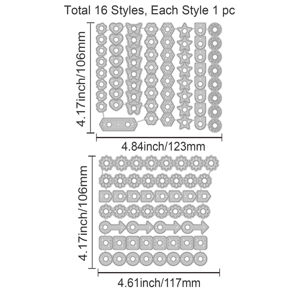 Page tab hole reinforcement die shapes sheet showing 16 styles with tab and gear patterns