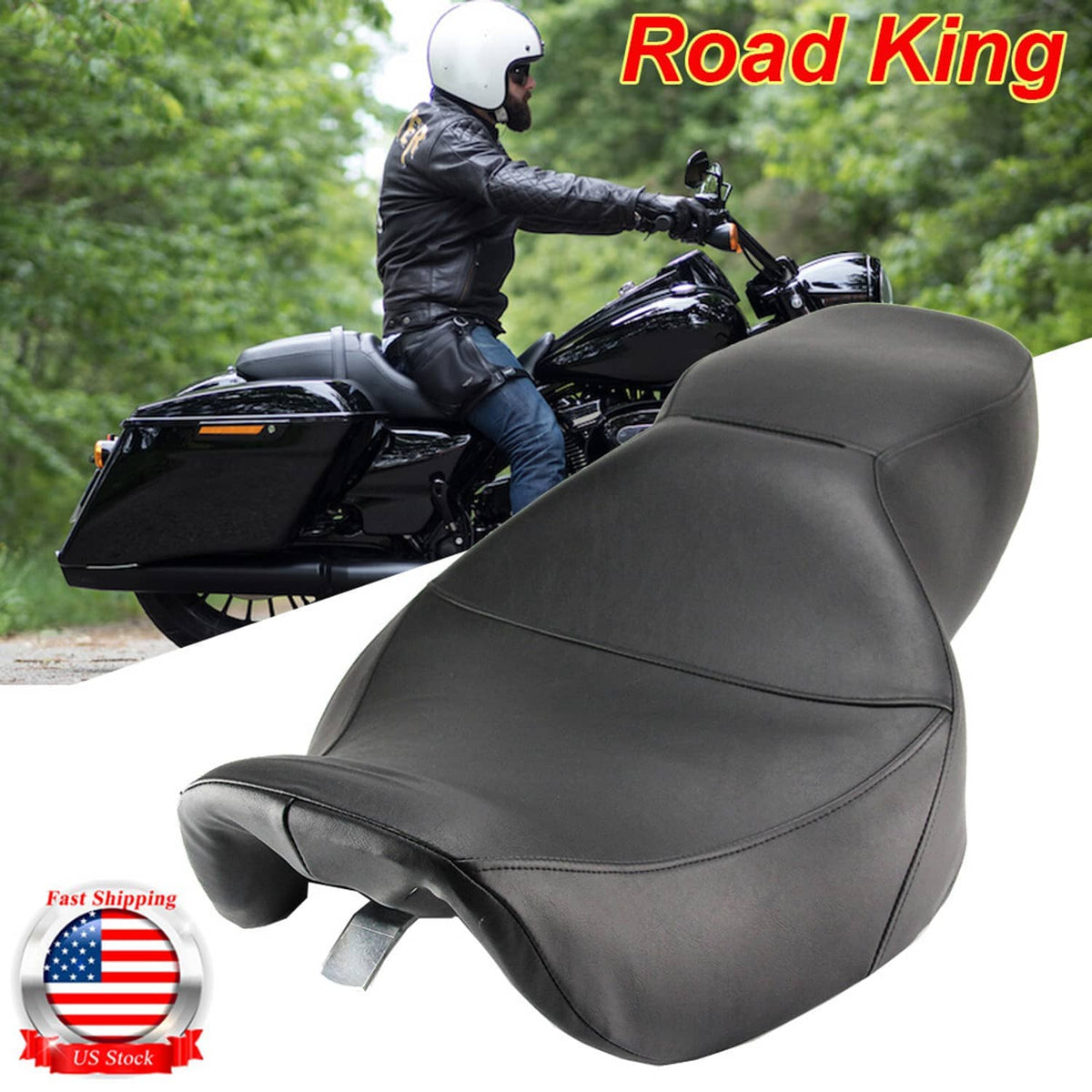 Two-up motorcycle seat with contoured black padding and stitched seams, for passenger and rider
